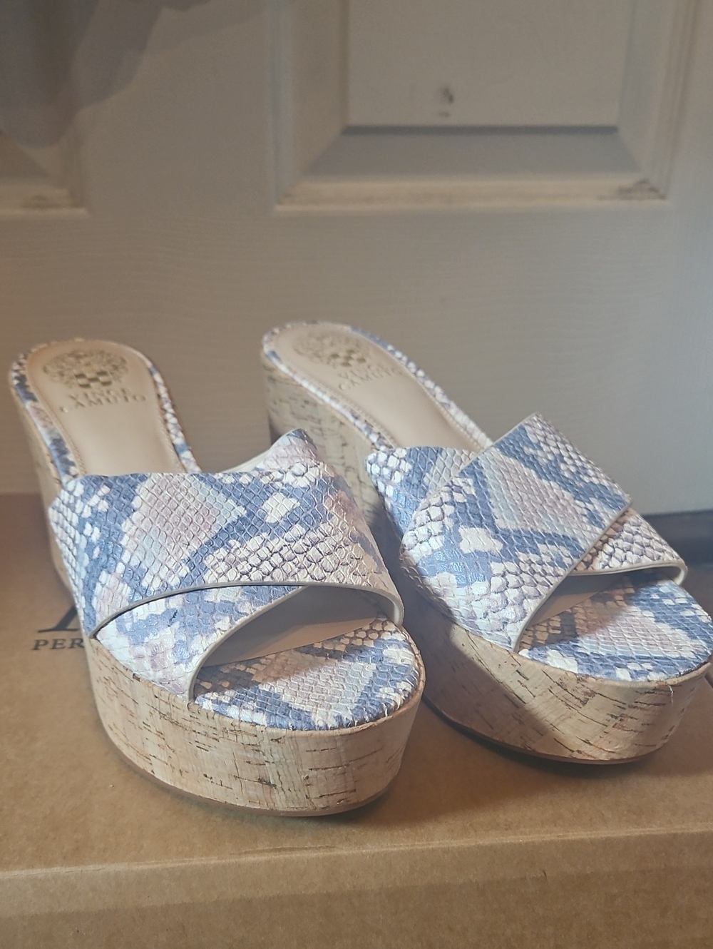 Vince Camuto Blue Snake-Print Cork Platform Wedge Slides